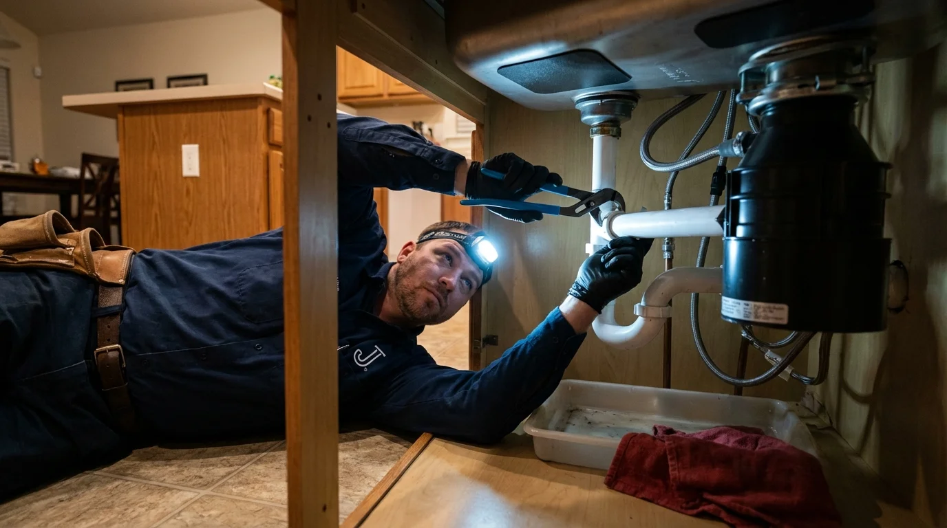 P-trap and supply line connections under a kitchen sink showing a common leak point in Hilo, HI